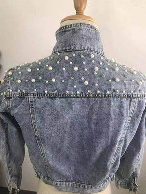 Revestimento ocasional da senhora Blouse Mandarin Collar dos revestimentos da sarja de Nimes do bordado