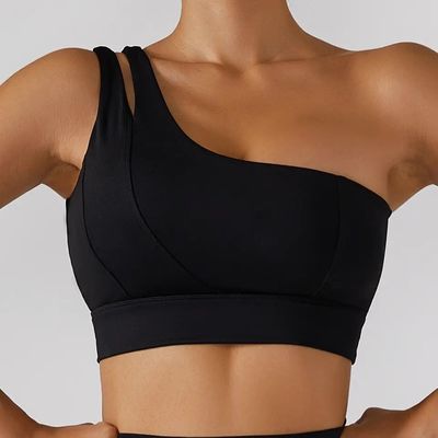 Alça de ombro única oblíqua feminina roupa íntima yoga fitness tubo de suporte de alto impacto