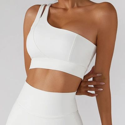 Alça de ombro única oblíqua feminina roupa íntima yoga fitness tubo de suporte de alto impacto