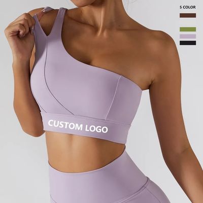 Alça de ombro única oblíqua feminina roupa íntima yoga fitness tubo de suporte de alto impacto