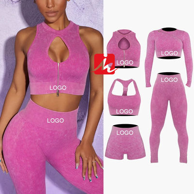 Sutiã esportivo feminino 5 peças e leggings sem costura com nervuras conjuntos de fitness roupas esportivas